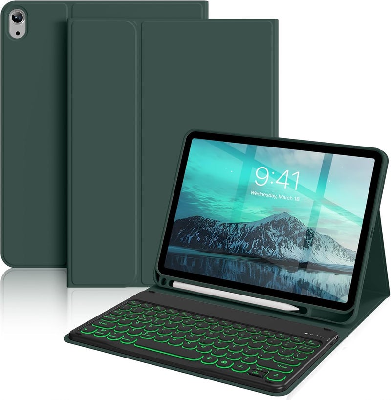 aoub Keyboard Case for iPad (A16) 11th Generation 11-inch 2025, iPad 10th Generation 10.9 inch 2022 with Pencil Holder, 7 Color Backlit Detachable Wireless Bluetooth Keyboard Stand Folio - Green - Image 1